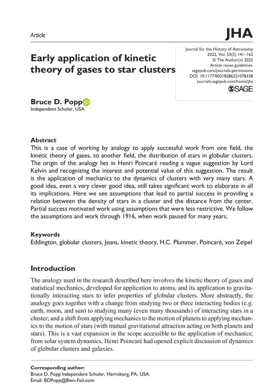 Early application of kinetic theory of gases to star clusters, Journal for the History of Astronomy 53, no. 2 (May 2022): 141–62.