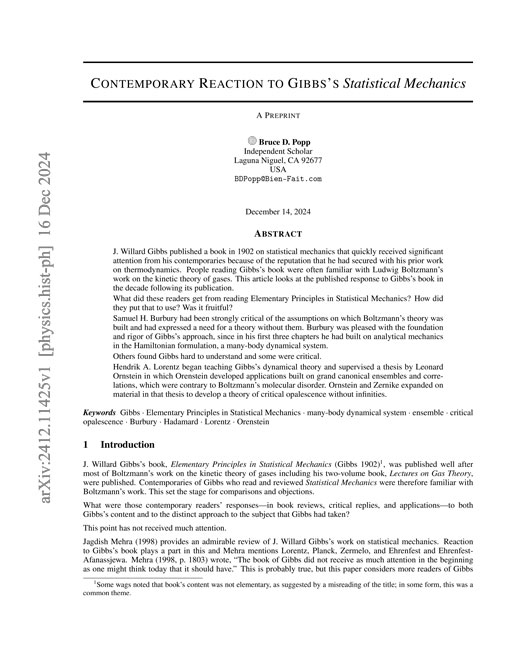 Contemporary Reaction to Gibbs's Statistical Mechanics, arXiv preprint 2412.11425v1